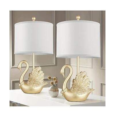 Sofucor 24" Two-piece Set of Table Lamps: Golden Brass Swan Table Lamps with Led Bulbs