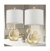 Sofucor 24" Two-piece Set of Table Lamps: Golden Brass Swan Table Lamps with Led Bulbs