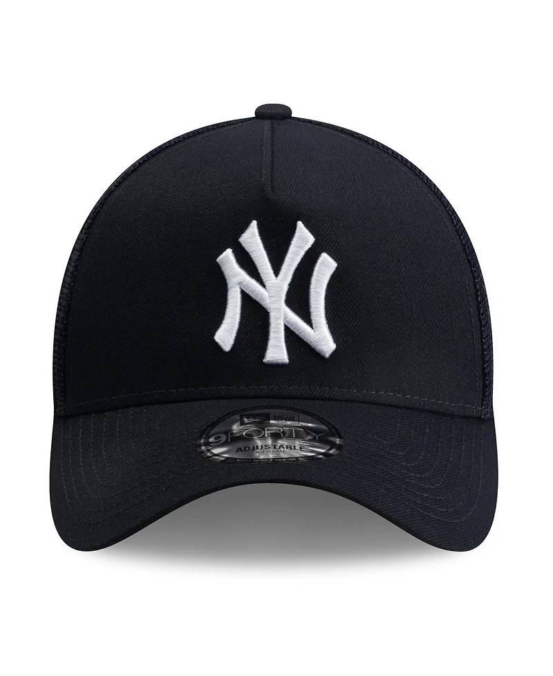 New Era Men's Navy New York Yankees Side Script 9FORTY A-Frame Trucker Adjustable Hat