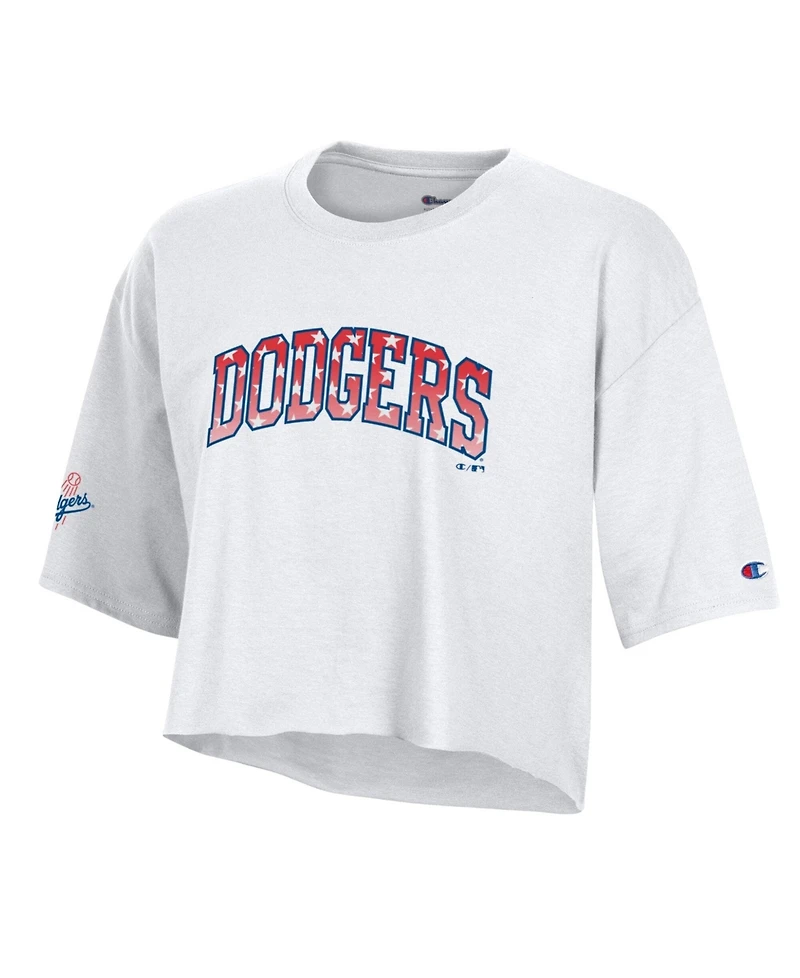 Champion Women's White Los Angeles Dodgers Boyfriend Cropped Americana T-Shirt