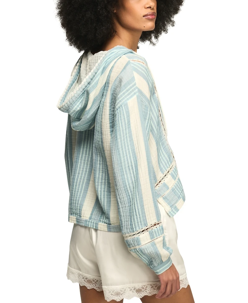 Lucky Brand Women's Striped Lace Detail V-Neck Hoodie