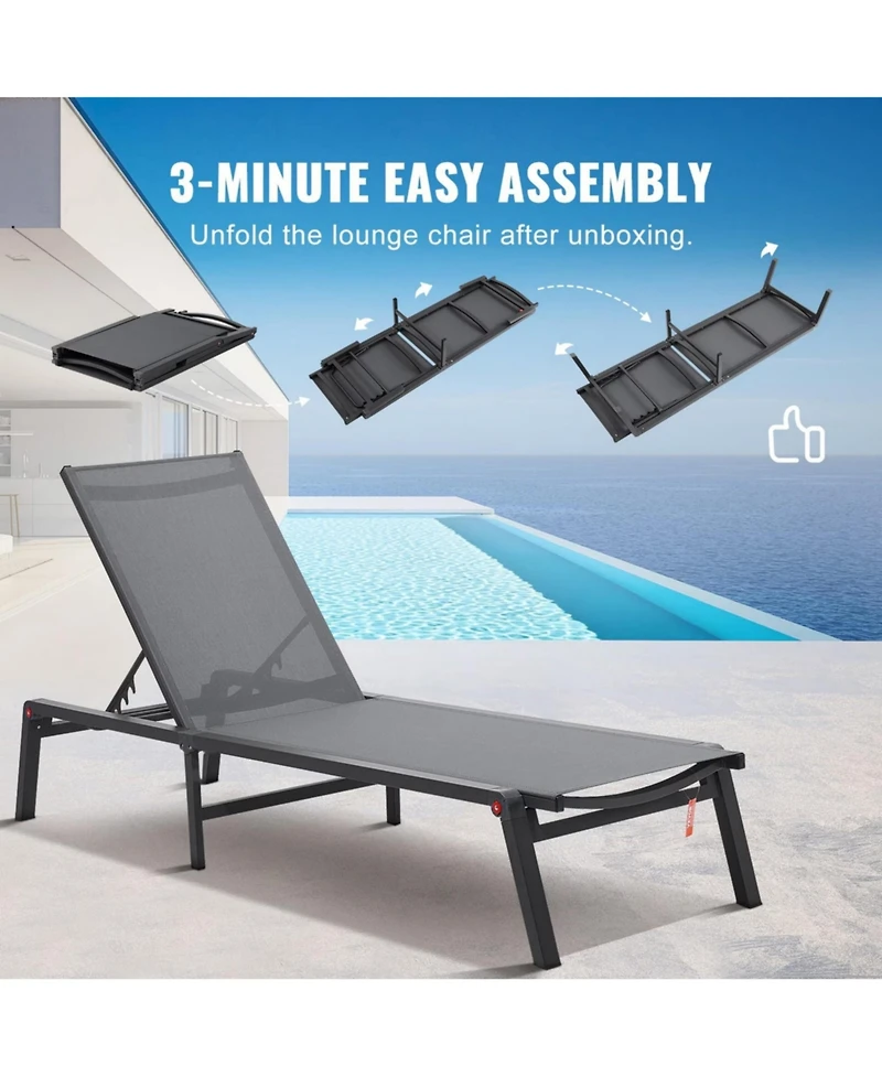 Yiortwo Outdoor Patio Chaise Lounge Chair, 5 Position Adjustable Reclining Lounger