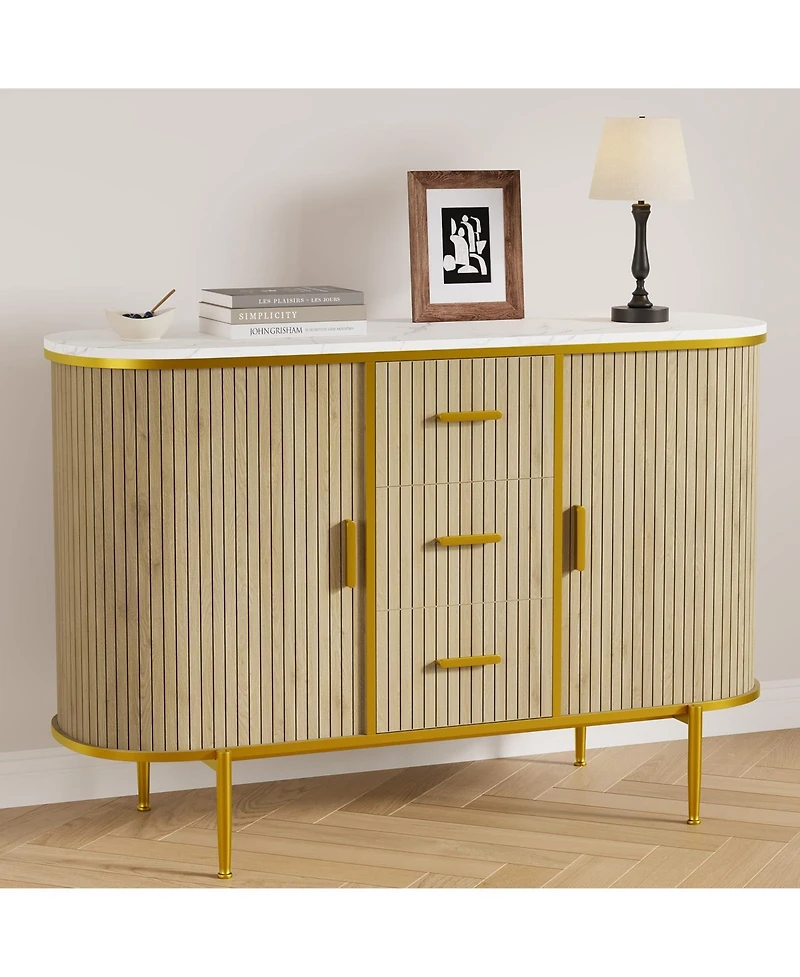 homfan Mid Century Fluted Buffet Cabinet with Faux Marble Top Coffee Bar Console Table for Kitchen Living Room