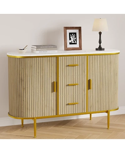 homfan Mid Century Fluted Buffet Cabinet with Faux Marble Top Coffee Bar Console Table for Kitchen Living Room