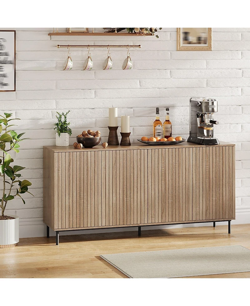 homfan 63-Inch Fluted Sideboard Buffet Cabinet with 4 Grooved Doors, Metal Legs and Adjustable Shelves, for Kitchen, Dining Room and Living Room