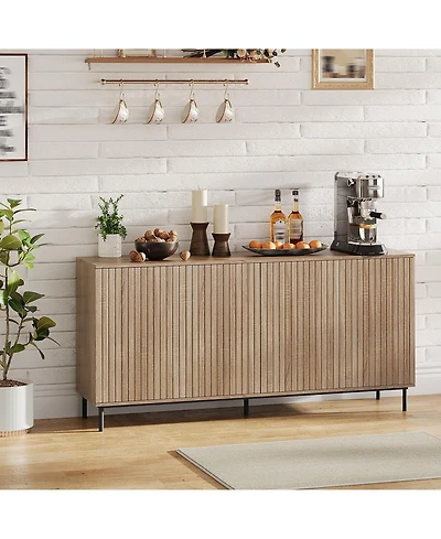 homfan 63-Inch Fluted Sideboard Buffet Cabinet with 4 Grooved Doors, Metal Legs and Adjustable Shelves, for Kitchen, Dining Room and Living Room