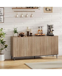 homfan 63-Inch Fluted Sideboard Buffet Cabinet with 4 Grooved Doors, Metal Legs and Adjustable Shelves, for Kitchen, Dining Room and Living Room