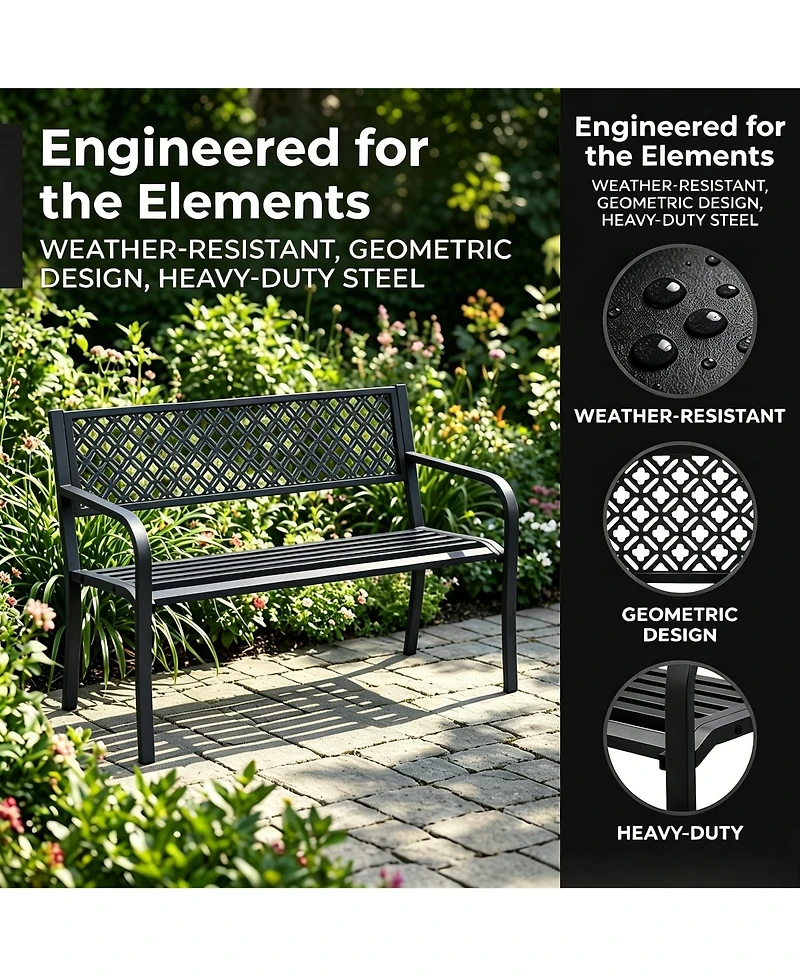 homfan 2-Person Patio Chair Sturdy Weather-Resistant Steel Garden Bench Geometric Backrest, 50" Wide, 790 lbs Capacity