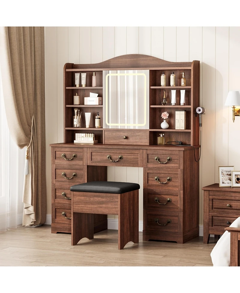 gaomon Farmhouse Makeup Vanity Table Set with Led Lighted Mirror, Charging Station and 10 Storage Drawers, Complete Vanity Desk with Cushioned Stool
