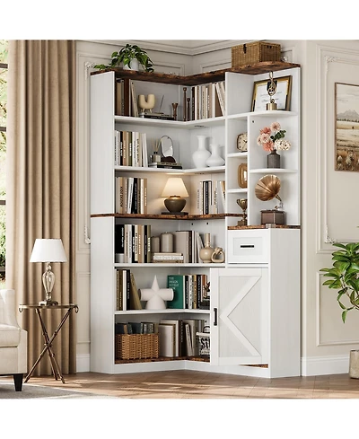 gaomon 74'' Tall Corner Bookshelf 6-Tier Book Shelf with Drawer and Cabinets, l-Shaped Bookcase Open Storage Shelves Modern Display Shelf for Home