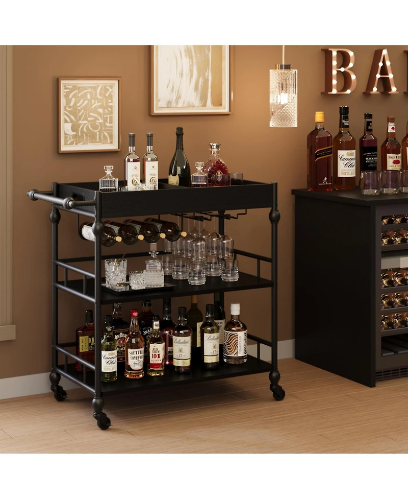 gaomon Bar Cart With Wheels, 3-Tier Serving For Home, Mobile Rolling Beverage Wine Rack And Removable Tray