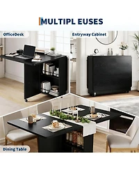 gaomon Folding Dining Table with Storage, Folding Kitchen Table with 6 Wheels, Drawer and Shelves, Compact Dining Table for Small Spaces