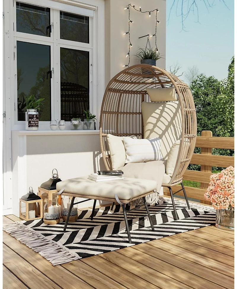 gaomon Oversize Wicker Egg Chair with Ottoman, Shaped Chaise Lounge Thick Cushion for Indoor Outdoor Patio Porch Backyard