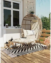 gaomon Oversize Wicker Egg Chair with Ottoman, Shaped Chaise Lounge Thick Cushion for Indoor Outdoor Patio Porch Backyard