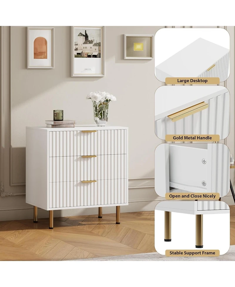 gaomon 3 Drawer Dresser for Bedroom, Fluted Dresser with Large Drawers and Sturdy Gold Legs Support, Dressers and Chests of Drawers for Bedroom