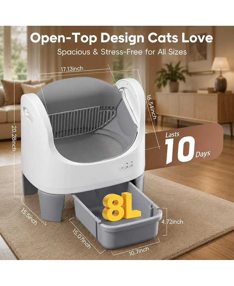 Cumrige Automatic Self-Cleaning Cat Litter Box with App Control, Open-Top Design, Safety Sensors, Quiet Operation