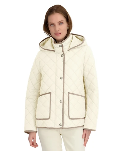 Tahari Women's Hooded Cordouroy Trim Quilted Coat