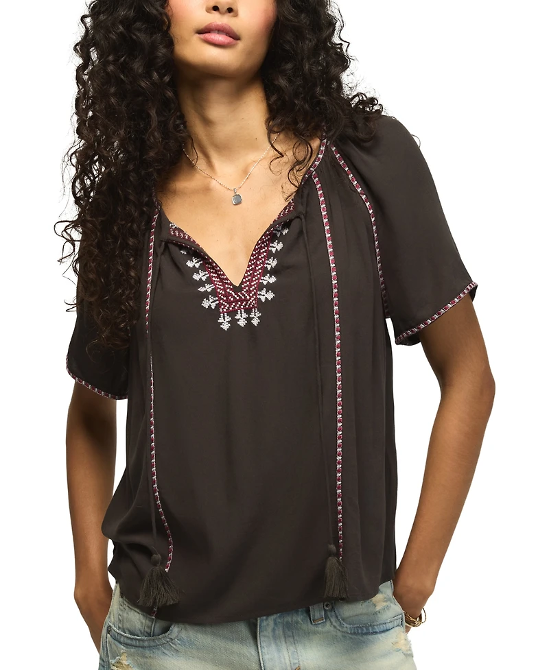 Lucky Brand Women's Embroidered Peasant Short-Sleeve Top