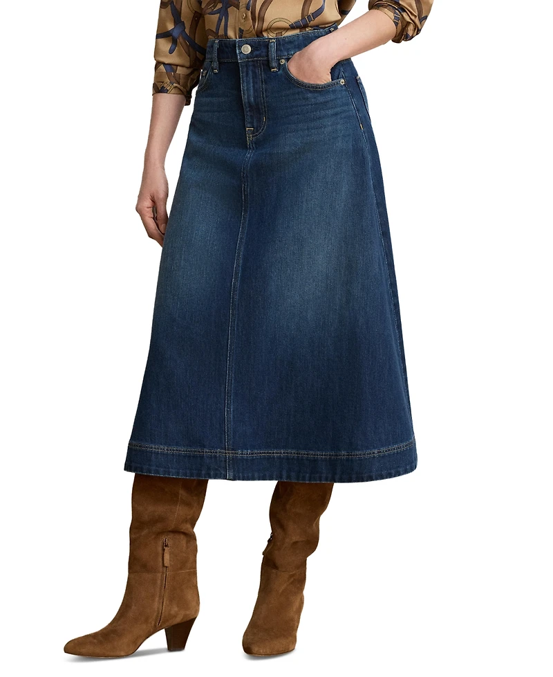 Lauren Ralph Women's A-Line High-Waisted Midi Denim Skirt