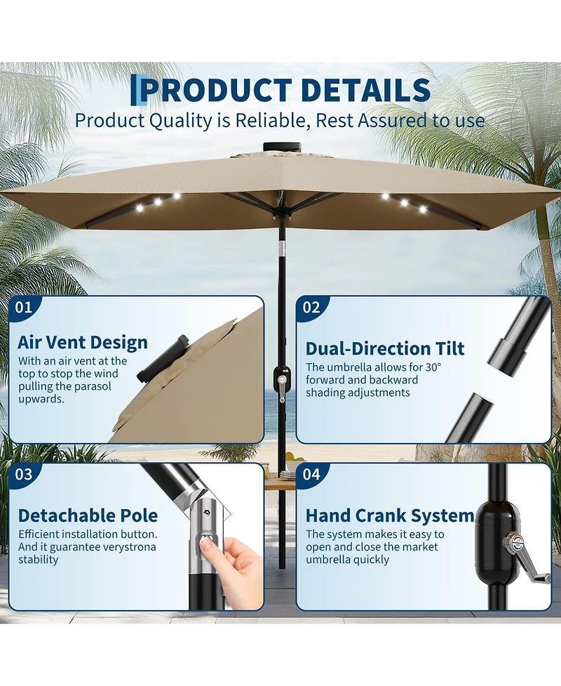 gaomon Solar Powered Rectangular Patio Umbrella With Led Lights - Outdoor Market Table Umbrella, Push Button Tilt, 6 Sturdy Ribs For Garden, Deck