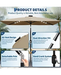 gaomon Solar Powered Rectangular Patio Umbrella With Led Lights - Outdoor Market Table Umbrella, Push Button Tilt, 6 Sturdy Ribs For Garden, Deck