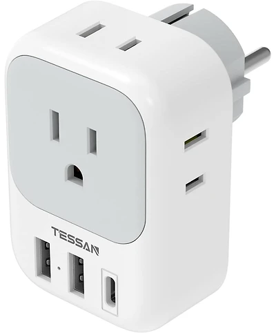 Tessan Type E F Plug Adapter, Germany France Power Adapter with 4 Ac Outlets and 3 Usb Ports 1 Usb C for Europe Spain Iceland Korea Greece