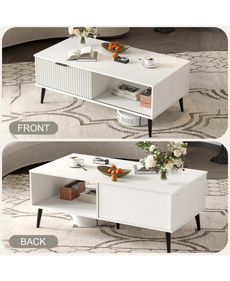 41.34 inch Rectangle Coffee Table, 2-Tier Farmhouse Table with Storage and Sliding Wave Pattern Door, Modern Wood Center Table for Living Room, Office