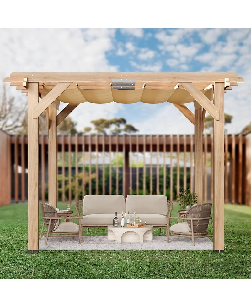 gaomon 10x10 Feet Cedar Wood Pergola with Retractable Oxford Fabric Roof