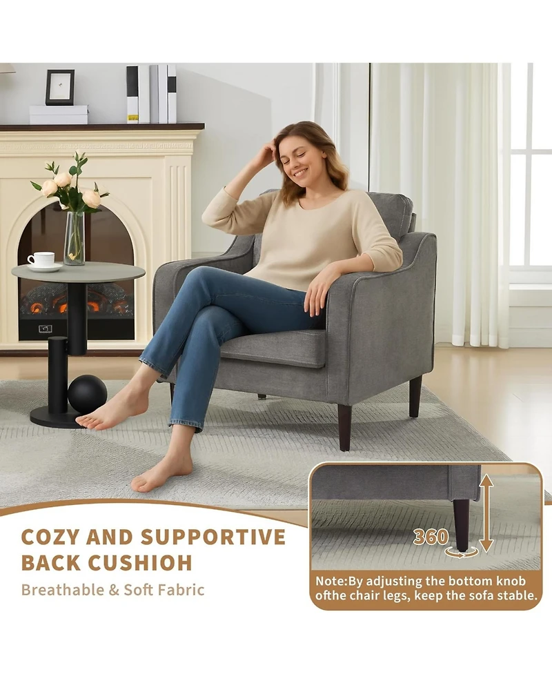 gaomon Mid-Century Accent Chair, Upholstered Linen Armchair for Living Room, Bedroom, Office, Grey