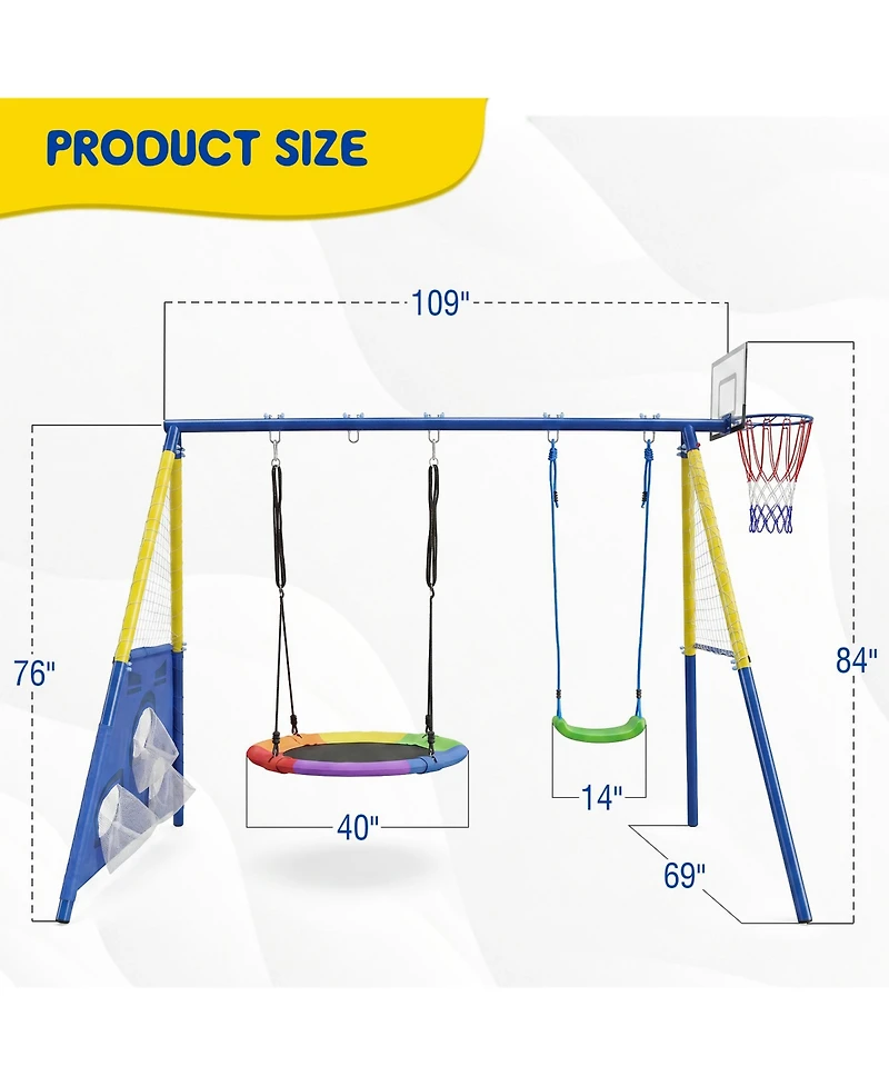 Zeny 5-in-1 Kids Swing Set with Saucer Swing, Belt Swing, Basketball Hoop , Heavy Duty Metal Frame Backyard Playground for Toddlers and Kids