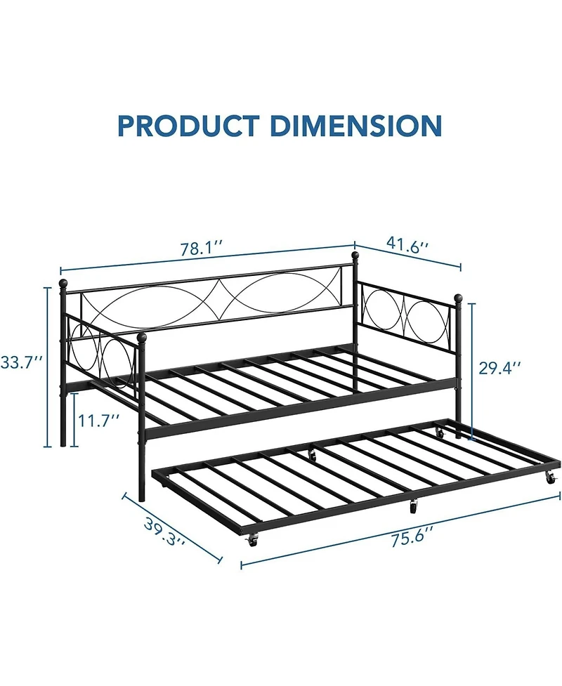 gaomon Senfot Twin Daybed with Trundle, Pull Out Trundle Day Bed, Twin Mattress Foundation with Metal Slats, Modern Sofa Bed for Living Room, Bedroom