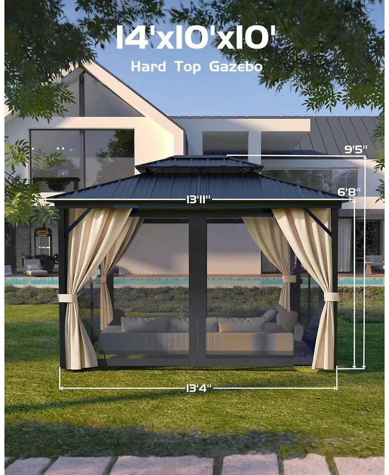 gaomon Hardtop Gazebo 10 ft x14 ft for All Weather, with Double Metal Roof, Aluminum Alloy Frame, Net, and Curtain, Permanent Building for Patio, Deck