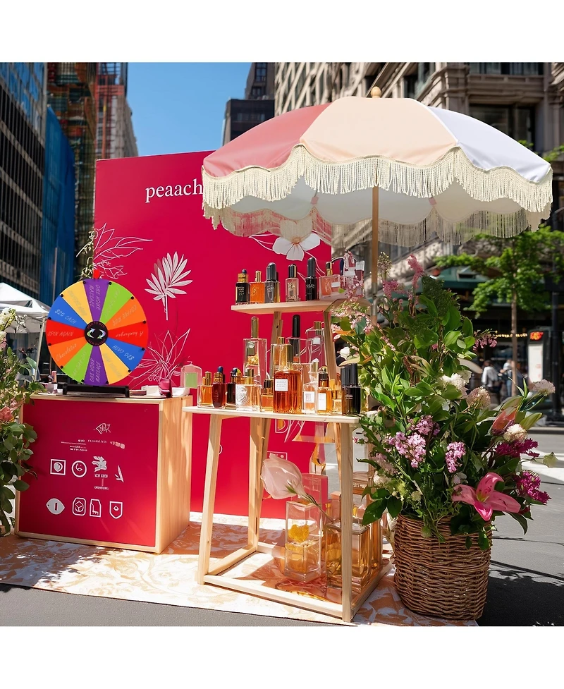 WinSpin 24" Modular Prize Wheel Tabletop w/ Palm Springs Pink Fringe Umbrella for Outdoor Pop-up Shop Craft Booth