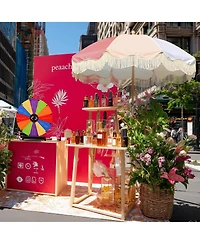 WinSpin 24" Modular Prize Wheel Tabletop w/ Palm Springs Pink Fringe Umbrella for Outdoor Pop-up Shop Craft Booth