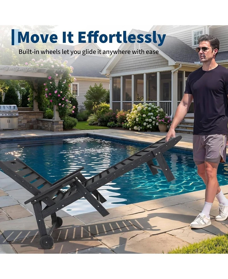 gaomon All-Weather Chaise Hdpe Lounge Chair, Built-in Cup Holder and Rolling Wheels for Patio, Poolside, Deck, Backyard