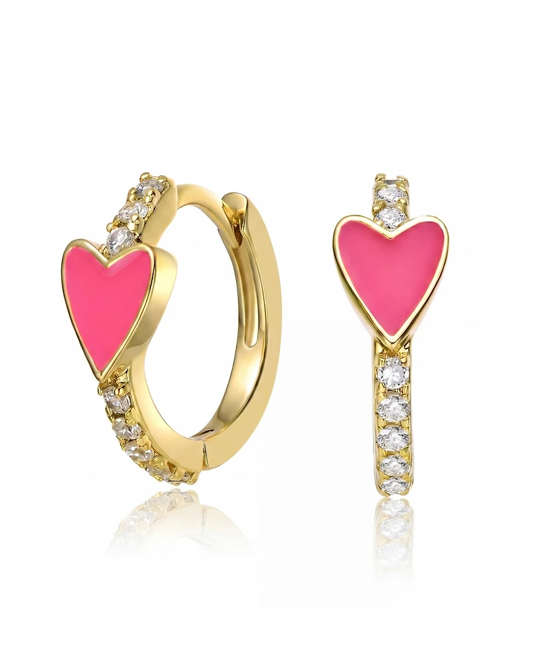 GiGiGirl 14k Yellow Gold Plated with Cubic Zirconia Pink Enamel Slim Hoop Earrings for Kids