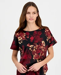 Anne Klein Women's Short-Sleeve Bateau Neck Printed-Satin Blouse