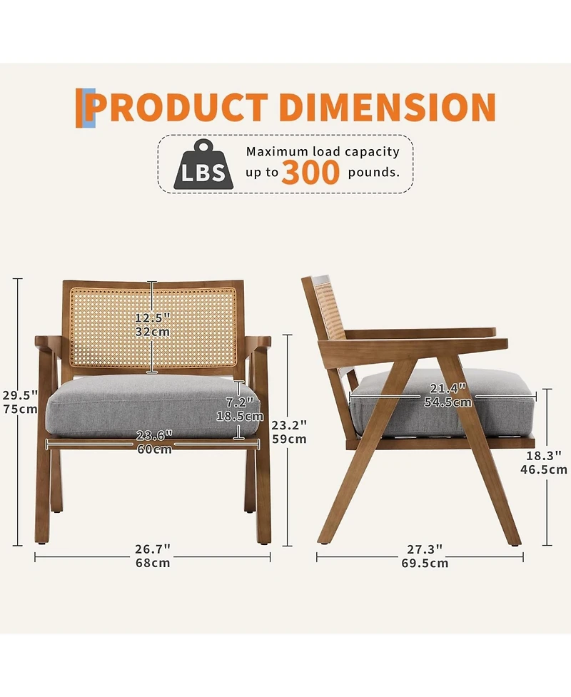 gaomon Mid Century Accent Chairs Set of 2, Rattan & Linen Cushion Armchairs