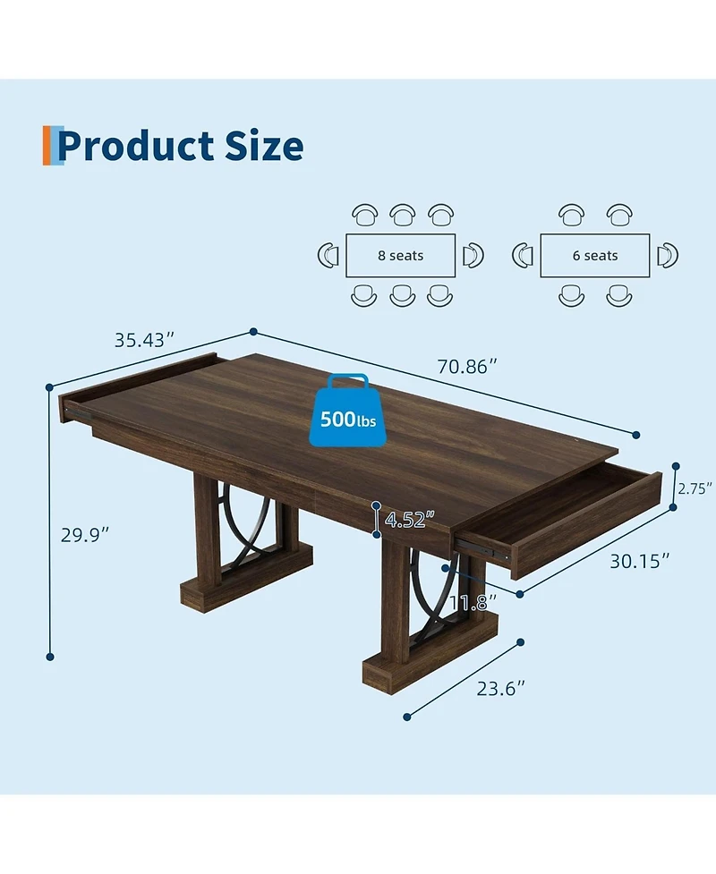 gaomon 8-Ft Dining Table for 6-8 with 2 Drawers, Rectangular Kitchen Table with Double Pedestal