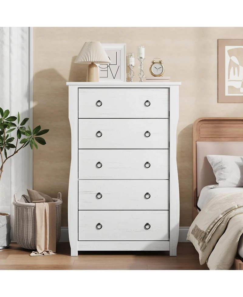 homfan 5-Drawer Dresser for Bedroom – Modern Wood Chest with Large Storage, 45 Inch Tall Organizer Cabinet with Metal Ring Handles for Closet