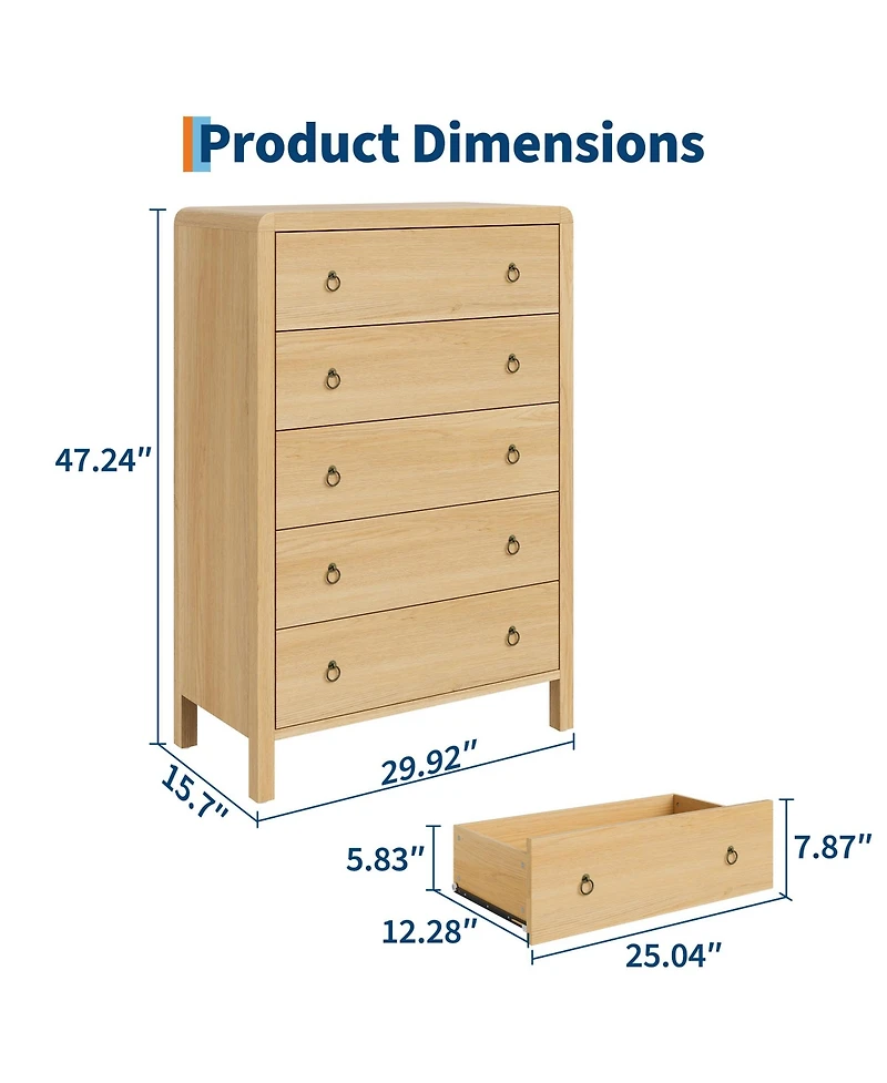 homfan 5-Drawer Storage Dresser Round Corner Vertical Cabinet for Bedroom or Entryway