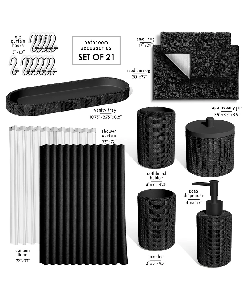 Complete Burlap Texture Polyresin Bathroom Decor and Accessory Set with Shower Curtain and Bath Rugs