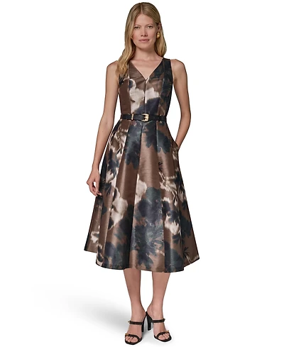 Donna Karan New York Women's Dupion Print Belted Midi Dress