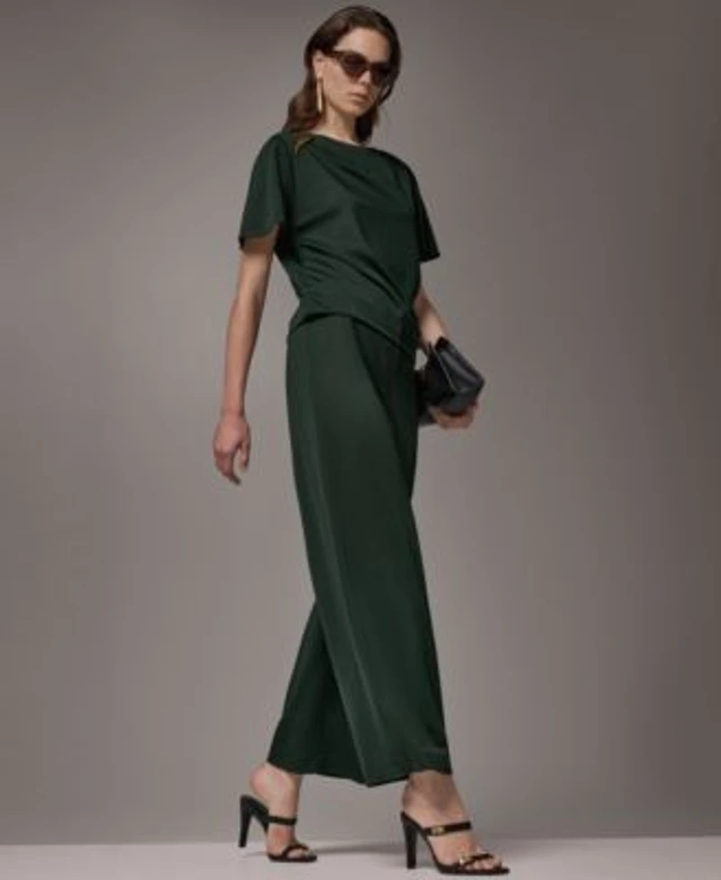 Donna Karan New York Womens Ruched Side Short Sleeve Top Wide Leg Pull On Pants