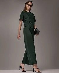 Donna Karan New York Womens Ruched Side Short Sleeve Top Wide Leg Pull On Pants