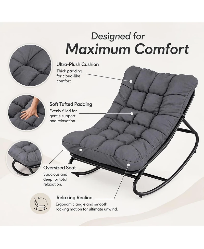 Gaomon Outdoor Rocking Chair with Padded Cushion - Foldable Patio Rocker, Portable Lawn Chair with Iron Frame for Porch and Garden, Dark Gray