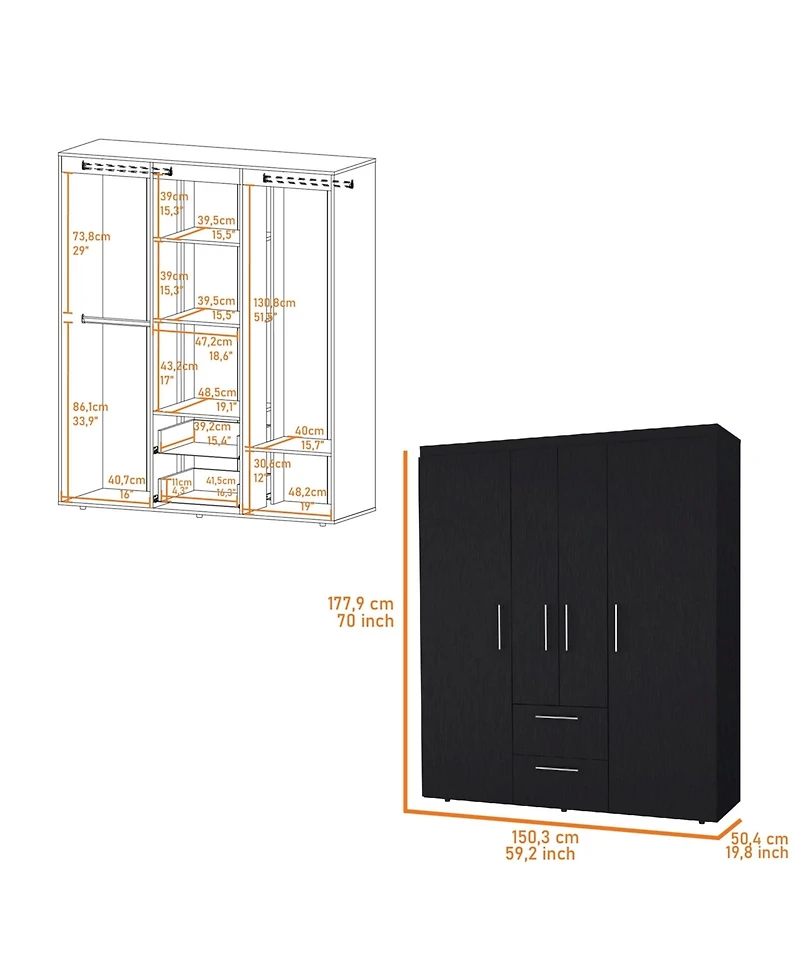 Fm Furniture Boyden Wardrobe, All-in-One 2-Door Armoire with Central Storage