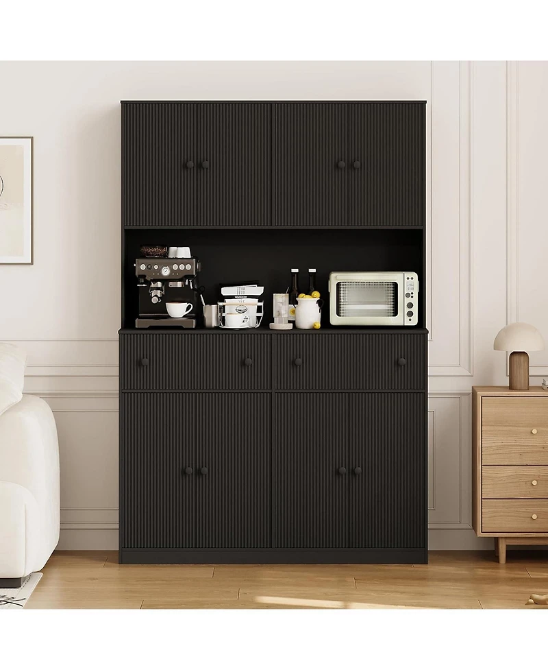 gaomon 47" Fluted Pantry Cabinet Countertop Charging Station 2 Drawers Adjustable Shelves