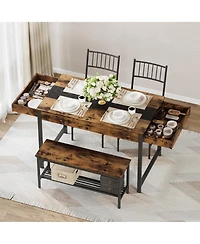 homfan Dining Table Set of 4, Wooden Kitchen with 2 Chairs, 1 Bench, Storage Drawers and Rack for Small Space Apartment