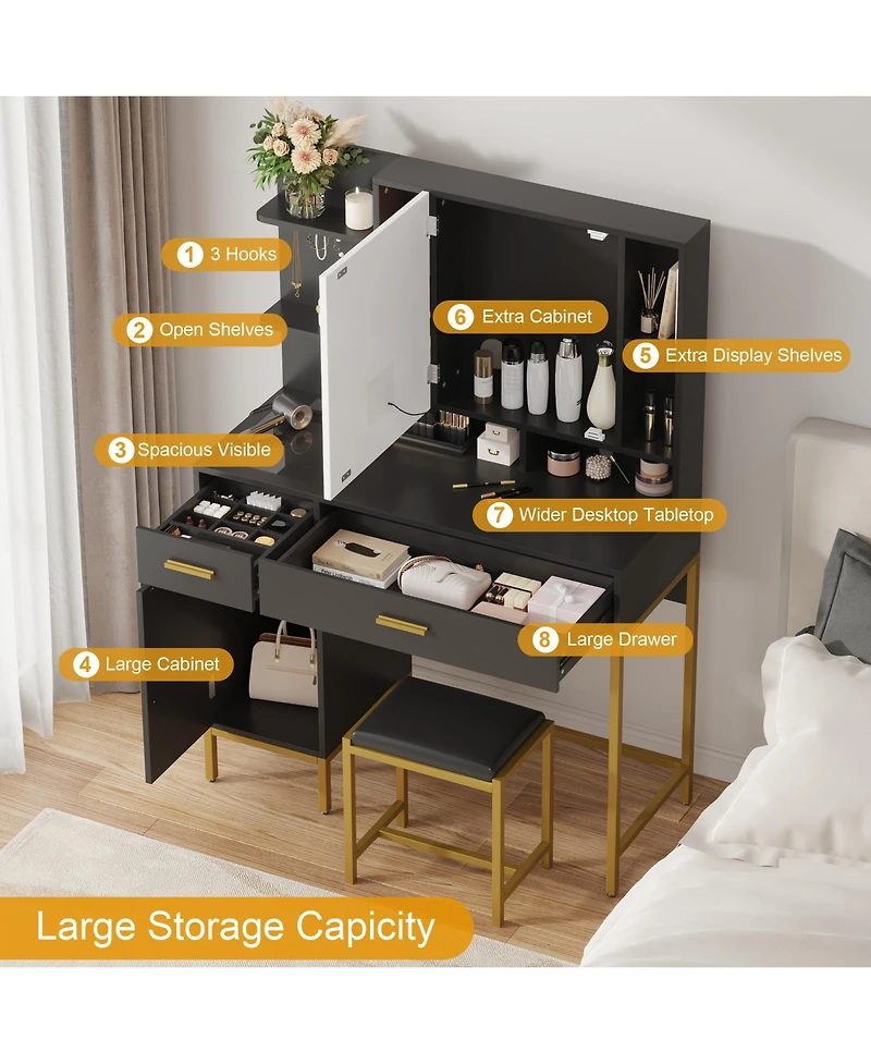 homfan Makeup Vanity with Led Lights, Modern Dressing Set with Cushioned Stool, 3 Lighting Modes 2 Drawers, Open Shelves, Cabinet and Charging Station